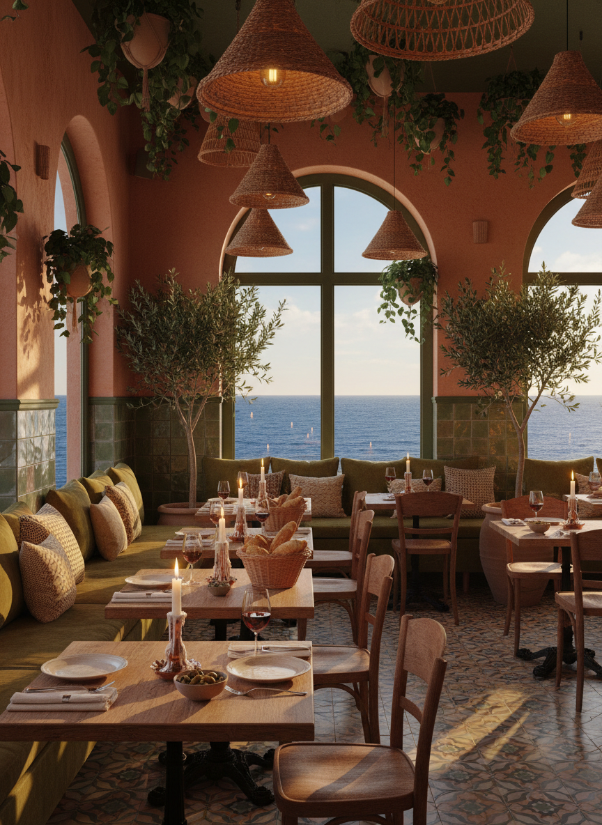 A cozy Mediterranean bistro interior at golden hour with terracotta walls, olive-green accents and rustic wooden tables lit by candles.