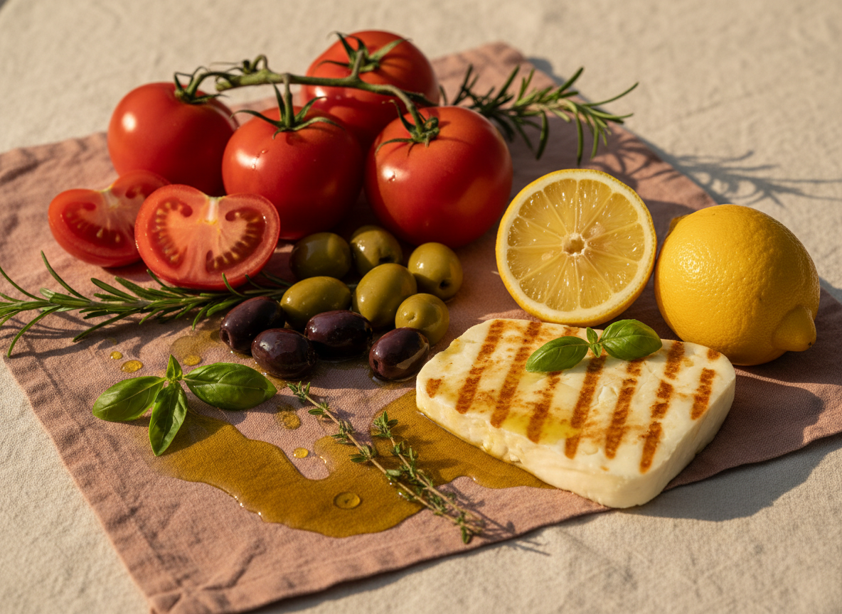 A warm close-up of fresh Mediterranean ingredients — tomatoes, olives, lemons, herbs, halloumi and golden olive oil — glowing in soft golden-hour sunlight.