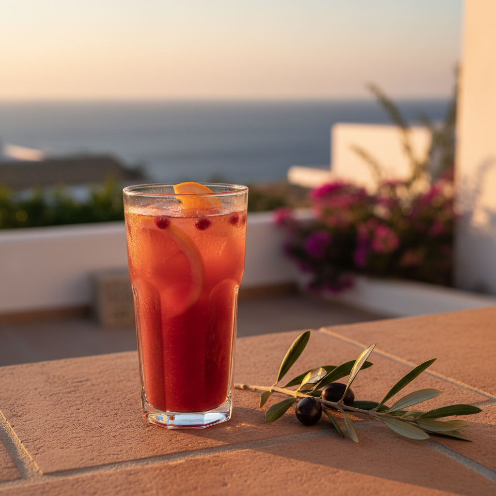 A vibrant fresh citrus and pomegranate juice in a tall glass on a sunlit Mediterranean terrace with an olive branch beside it.