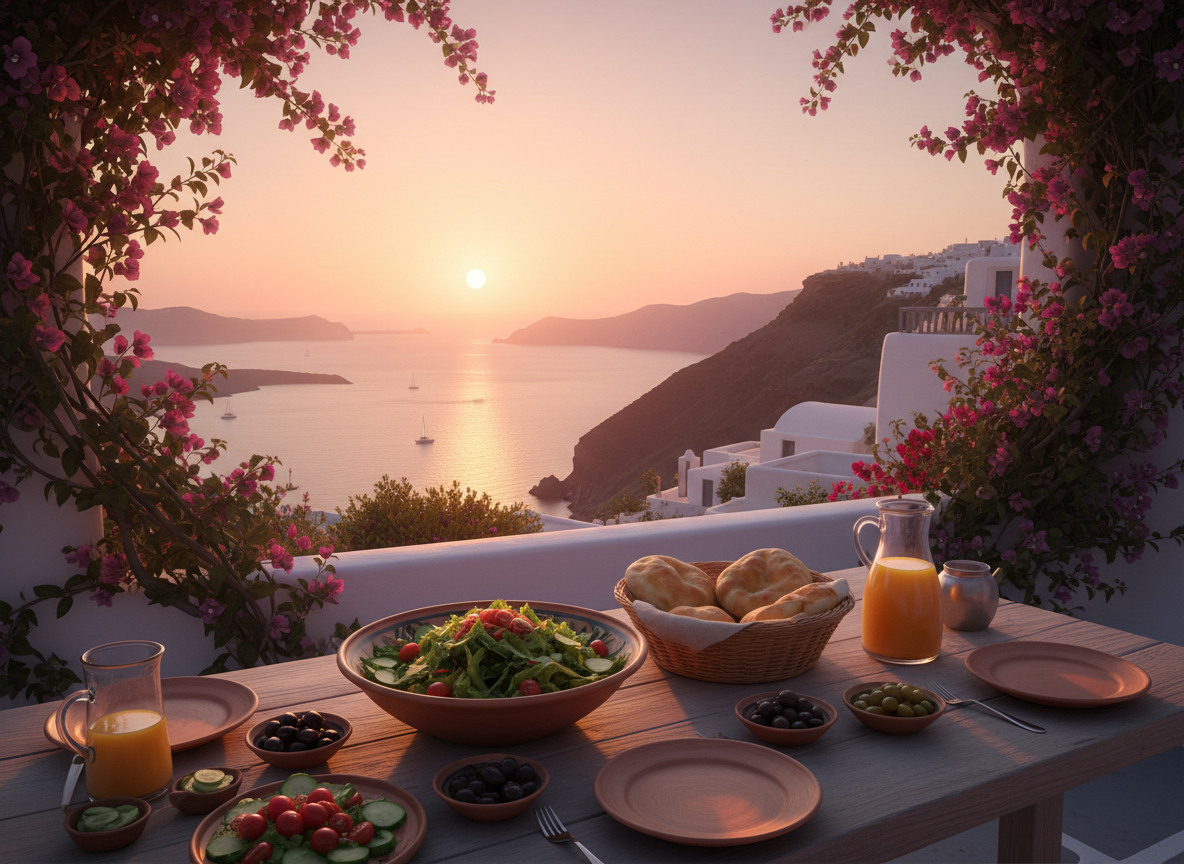 A breathtaking golden-hour Mediterranean coastal scene at sunset, warm amber and terracotta light spilling across a whitewashed Santorini-style terrace overlooking a calm sea, with fresh Mediterranean dishes on a rustic table.