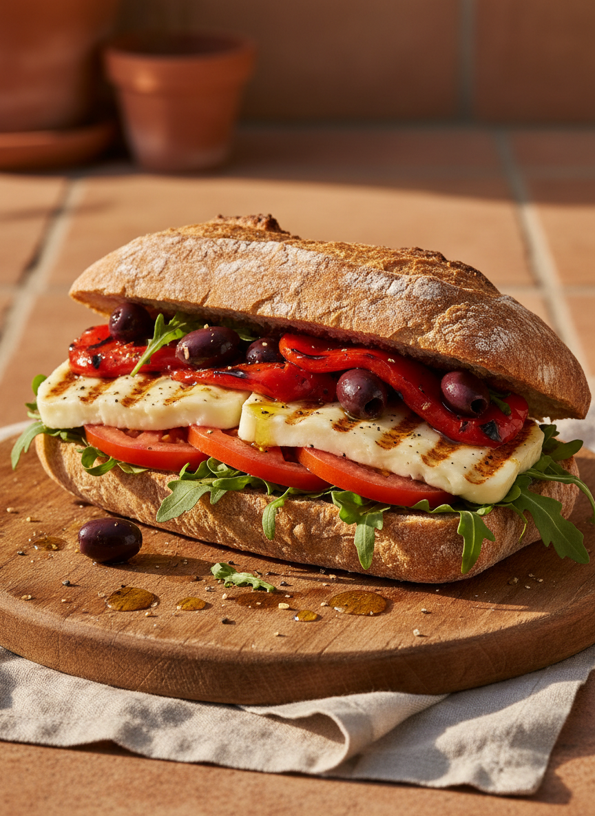 A close-up of a rustic Mediterranean sandwich on artisan bread, stuffed with grilled halloumi, roasted red peppers, kalamata olives, fresh arugula, sliced tomatoes, and a drizzle of olive oil. Served on a wooden board with a linen napkin, warm golden-hour lighting, photographic realism, terracotta and earthy tones, inviting and appetizing.